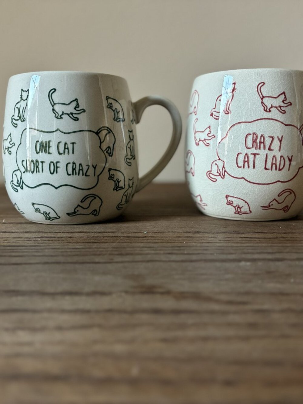 Cat Themed Coffee Mugs; One Cat Short of Crazy; Crazy Cat Lady; World Market Mug